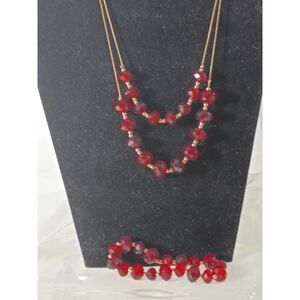 Chunky Red Glass Bead Tiered bib Necklace & Drop Earrings Set & Bracelate